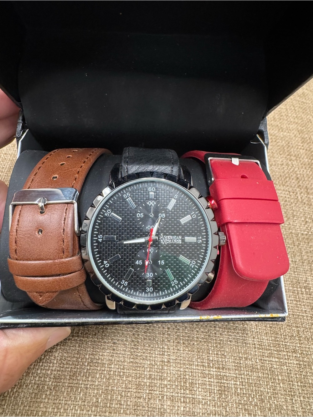 American Exchange Men’s Quartz Analog Silver Tone Black Dial Strap Set Box